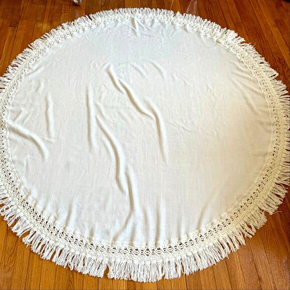 Burnes Of Boston Other - Vintage Round Cream Tablecloth Crochet Fringe Boho Cottage Decor